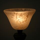 Wooden table lamp, patterned glass lampshade