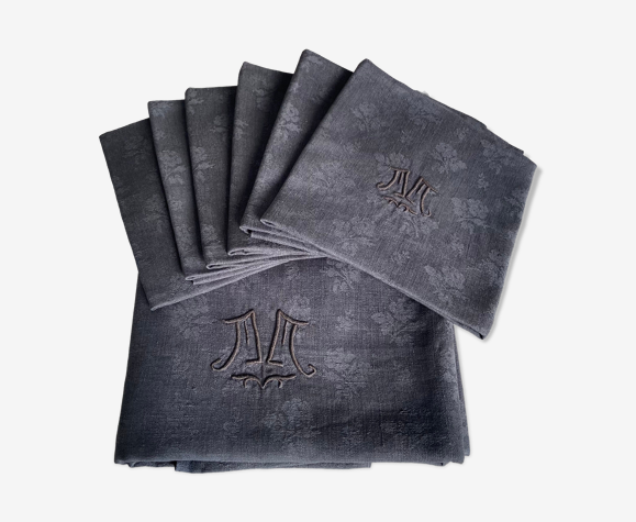 Set nappe damassée et 6 serviettes anthracite monogrammées