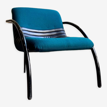 Armchair in duck blue, skaï and black metal wool