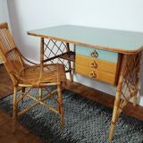 Bureau Louis Sognot et sa chaise en rotin