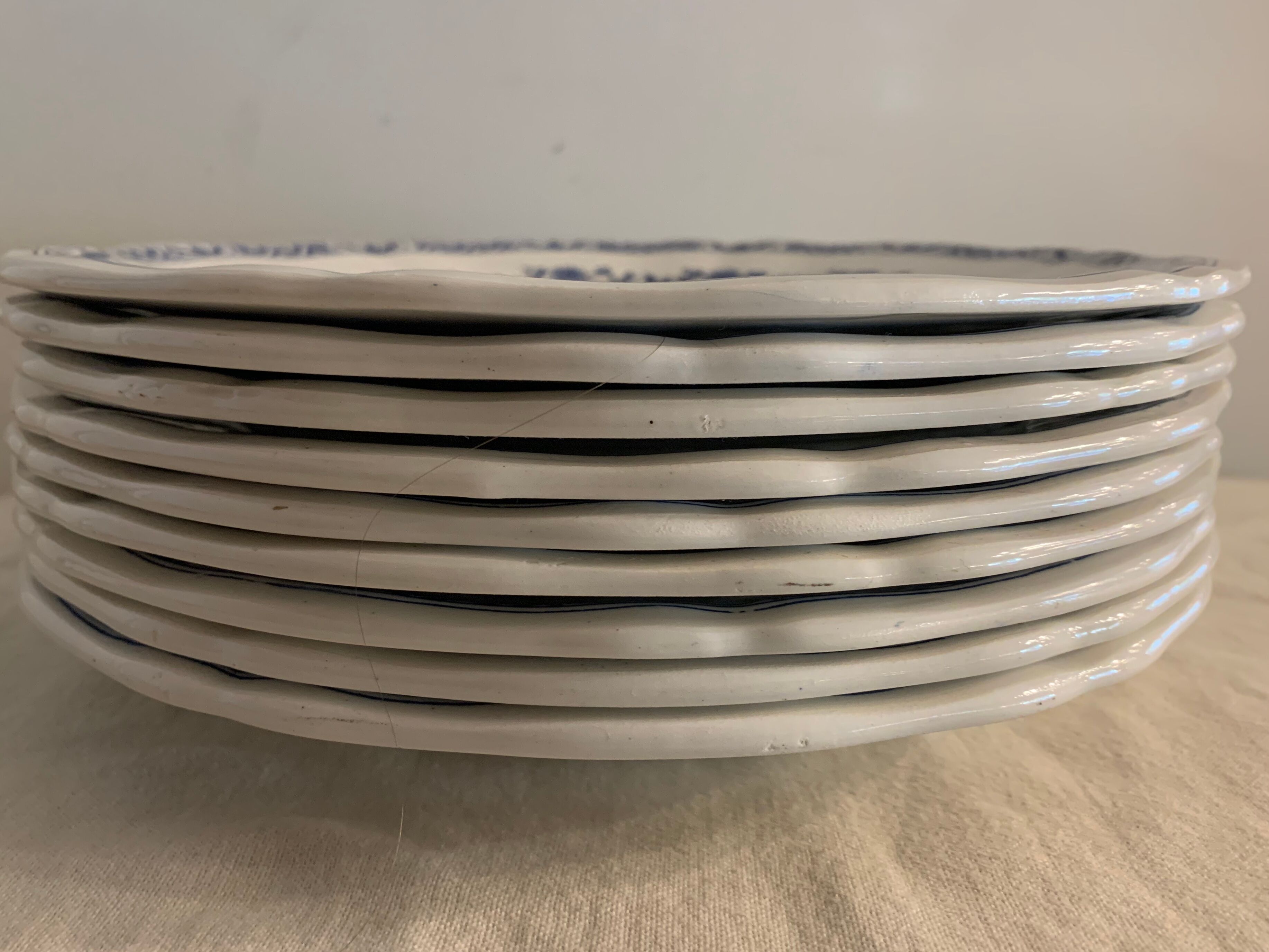 9 dessert plates old chickens, geese and pheasants blue field service Terre de Fer