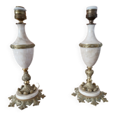 Pair of antique table lamps in white marble and gold metal.