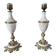 Pair of antique table lamps in white marble and gold metal.