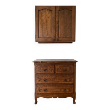 Ensemble commode et meuble haut ancien en chêne foncé