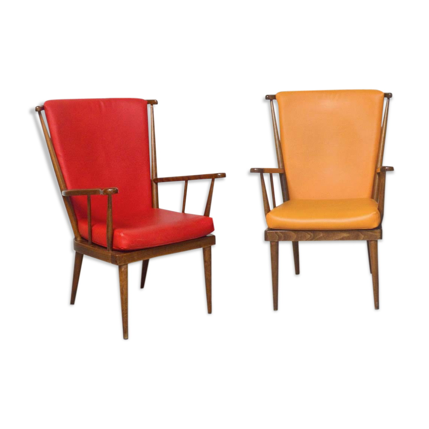 Fauteuils « Éventail »  Baumann rouge et jaune orangé années 80