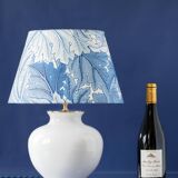 Blue and white ceramic table lamp, William Morris Acanthus shade, Dutch vintage.