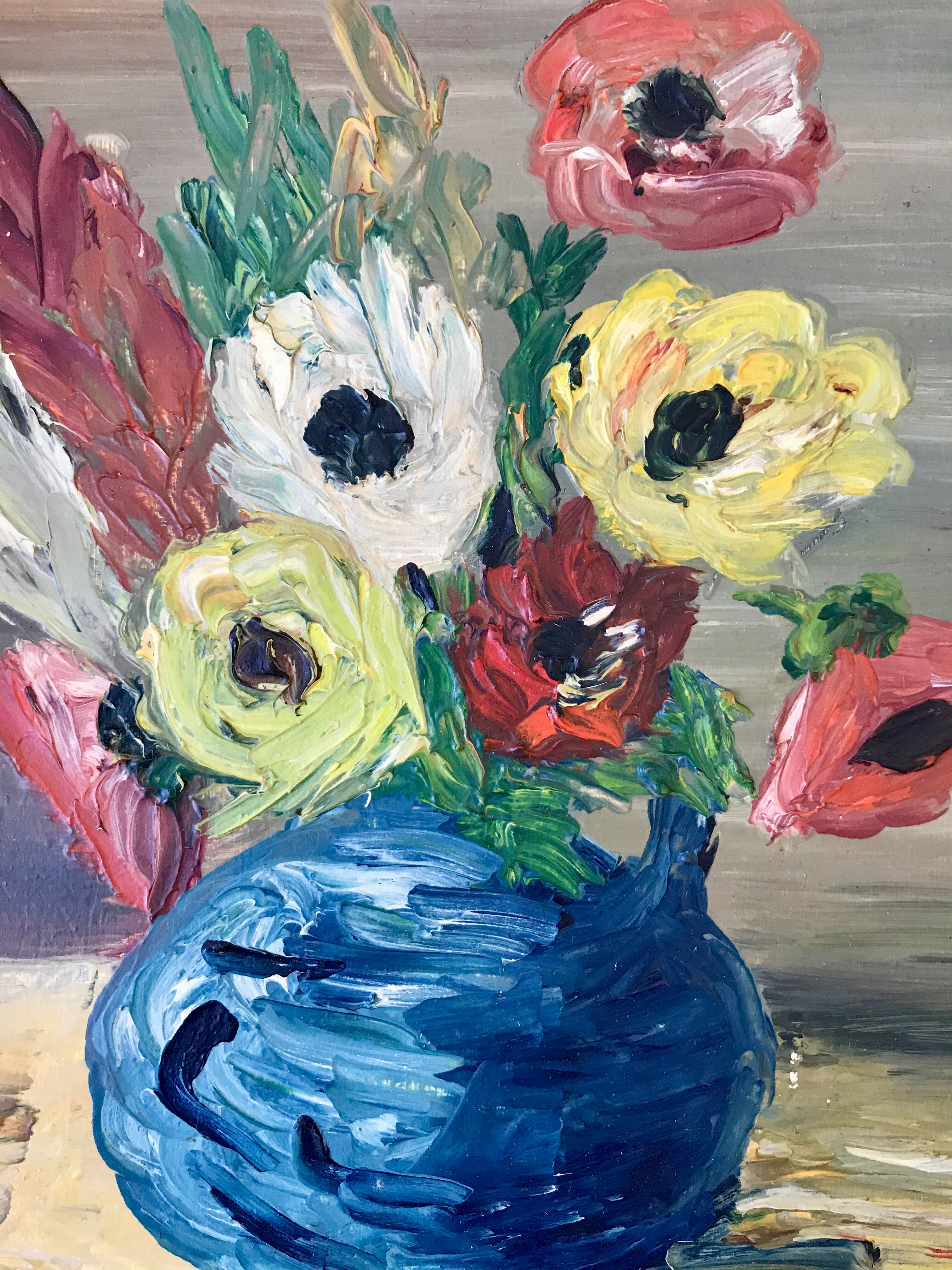 Painting still life bouquet flowers framed 50s