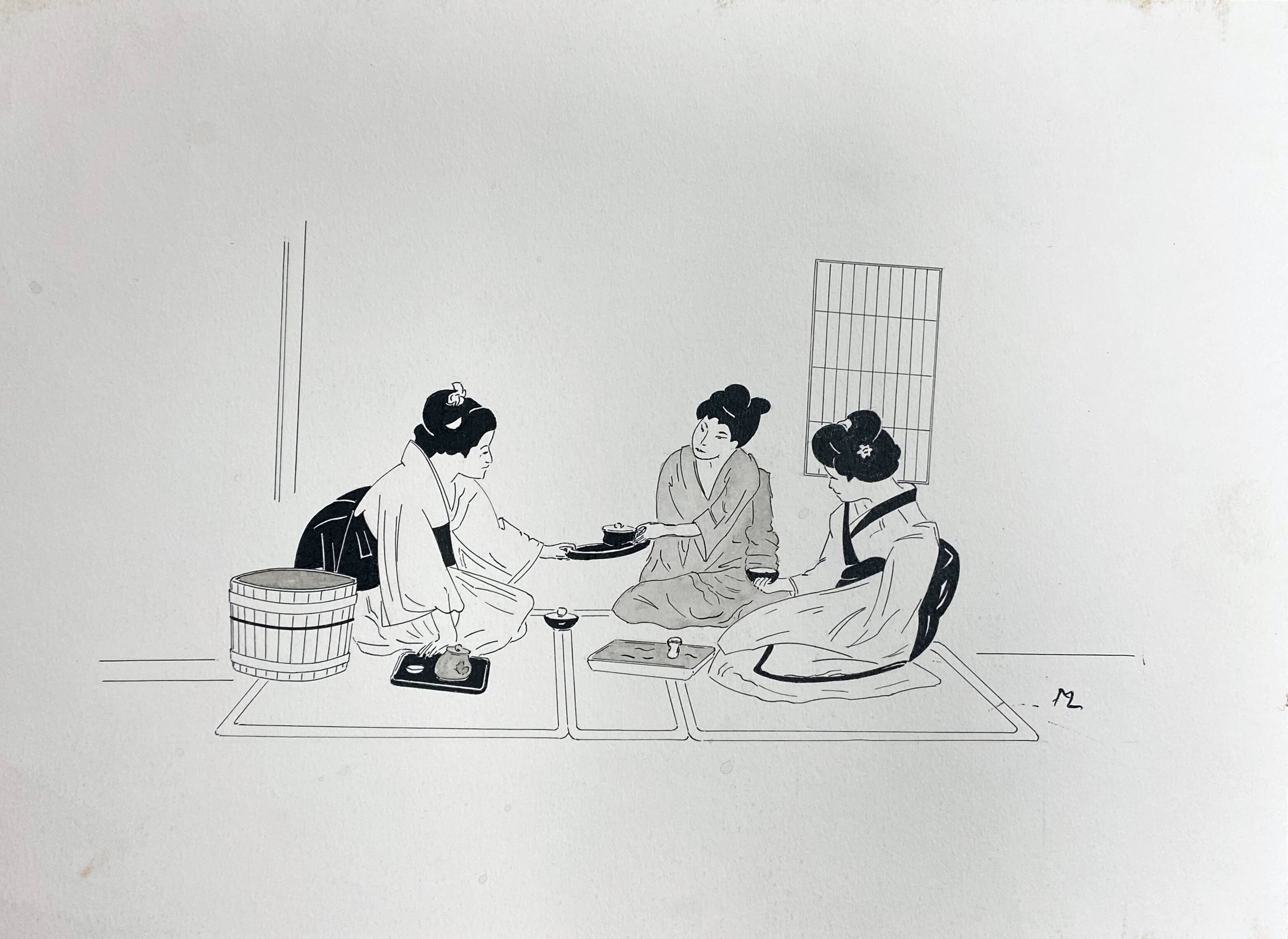 Two original ink and watercolor drawings signed Asia