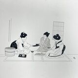 Two original ink and watercolor drawings signed Asia