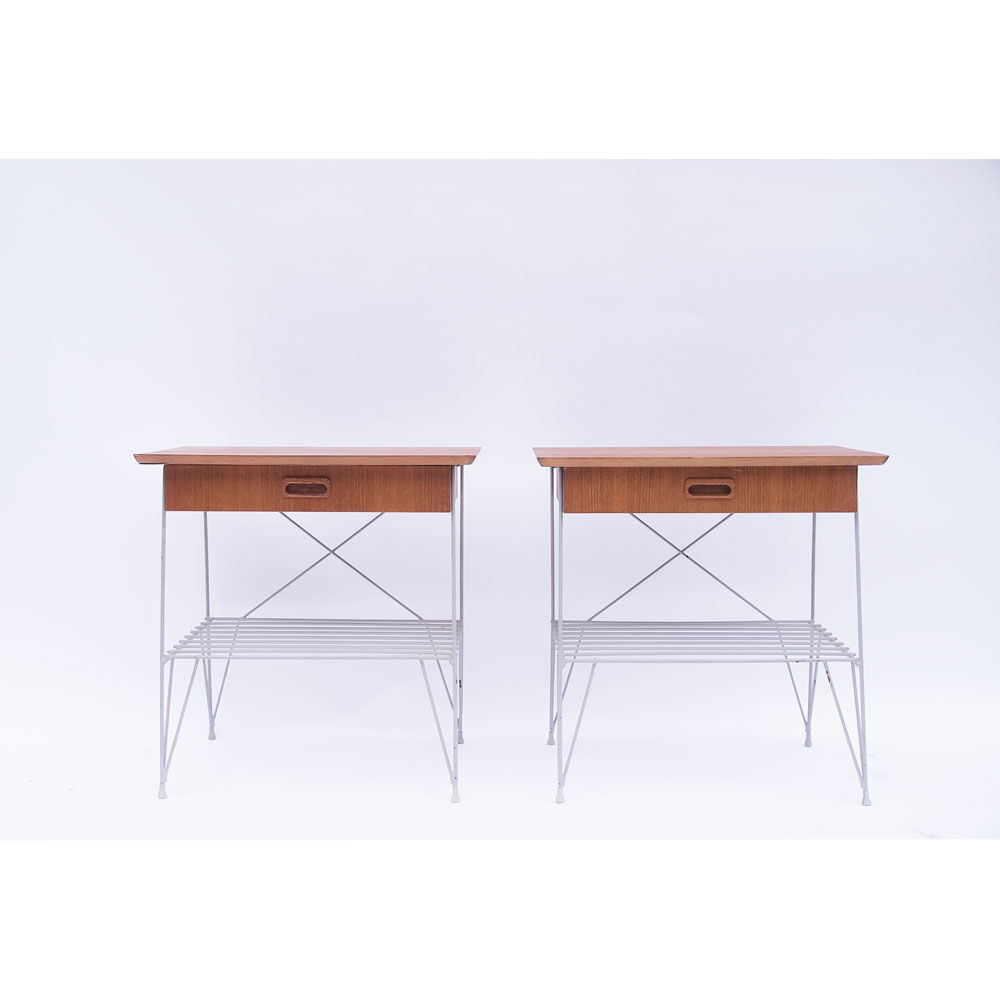 Pair of vintage Danish Scandinavian bedside tables teak & metal