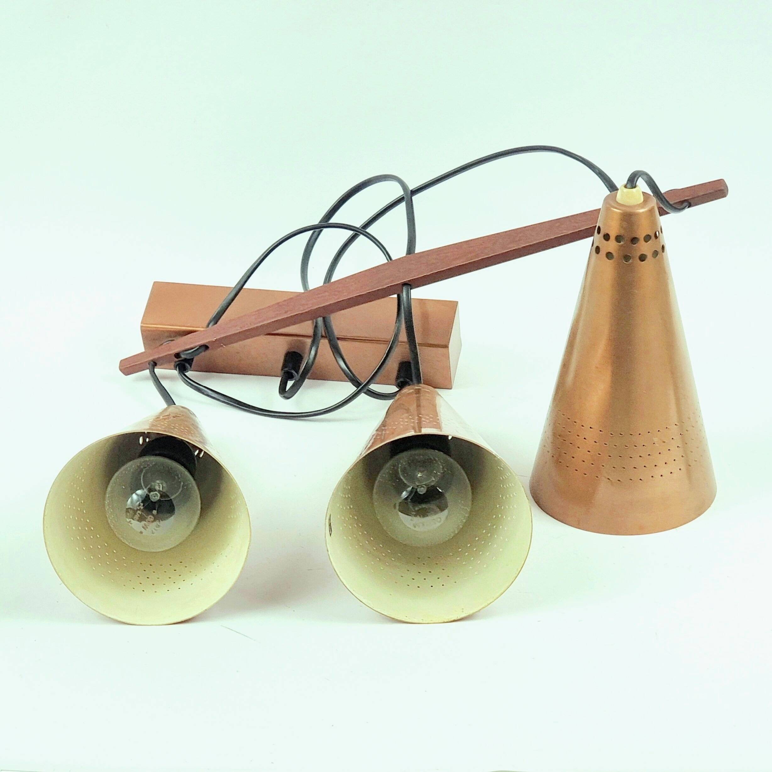 Mid Century Scandinavian Copper & Teak Triple Pendant By Jakobsson, 1950s