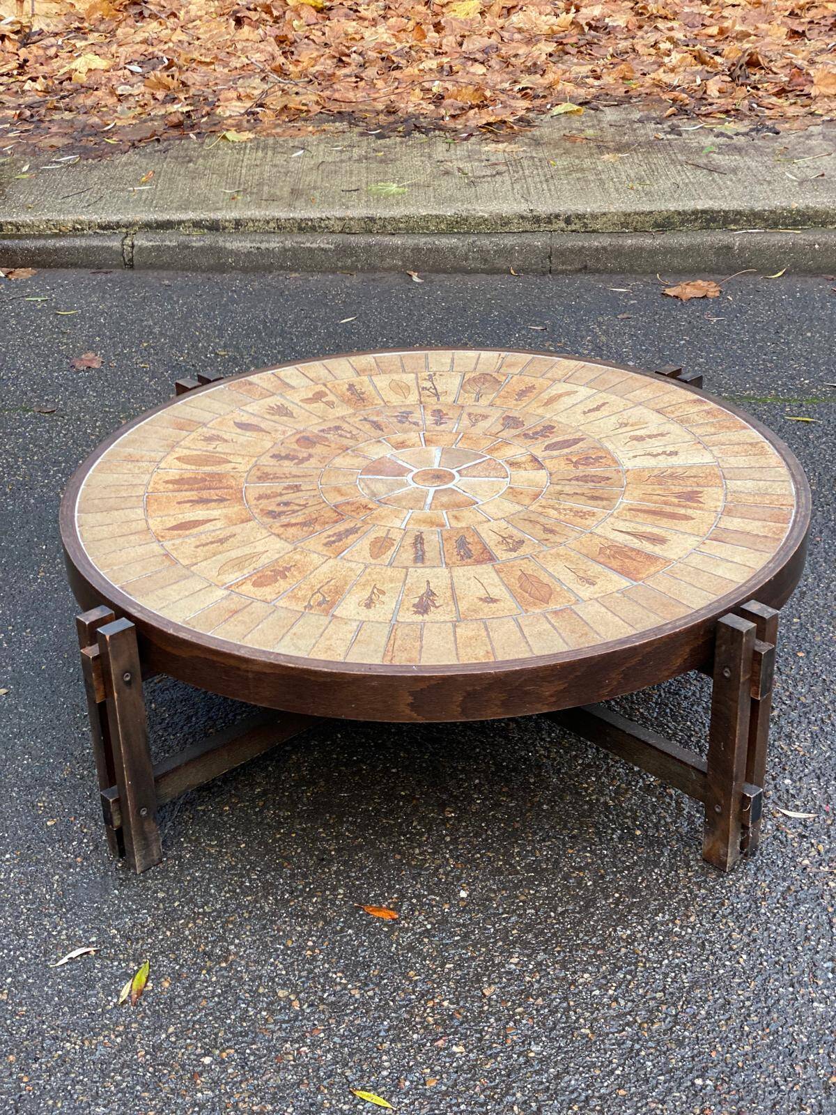 Vintage Roger Capron coffee table, ceramic and herbarium design, 105cm