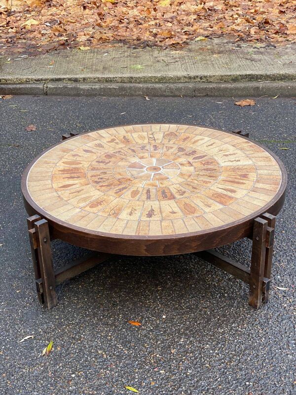 Table basse vintage Roger Capron céramique et herbiers 105cm