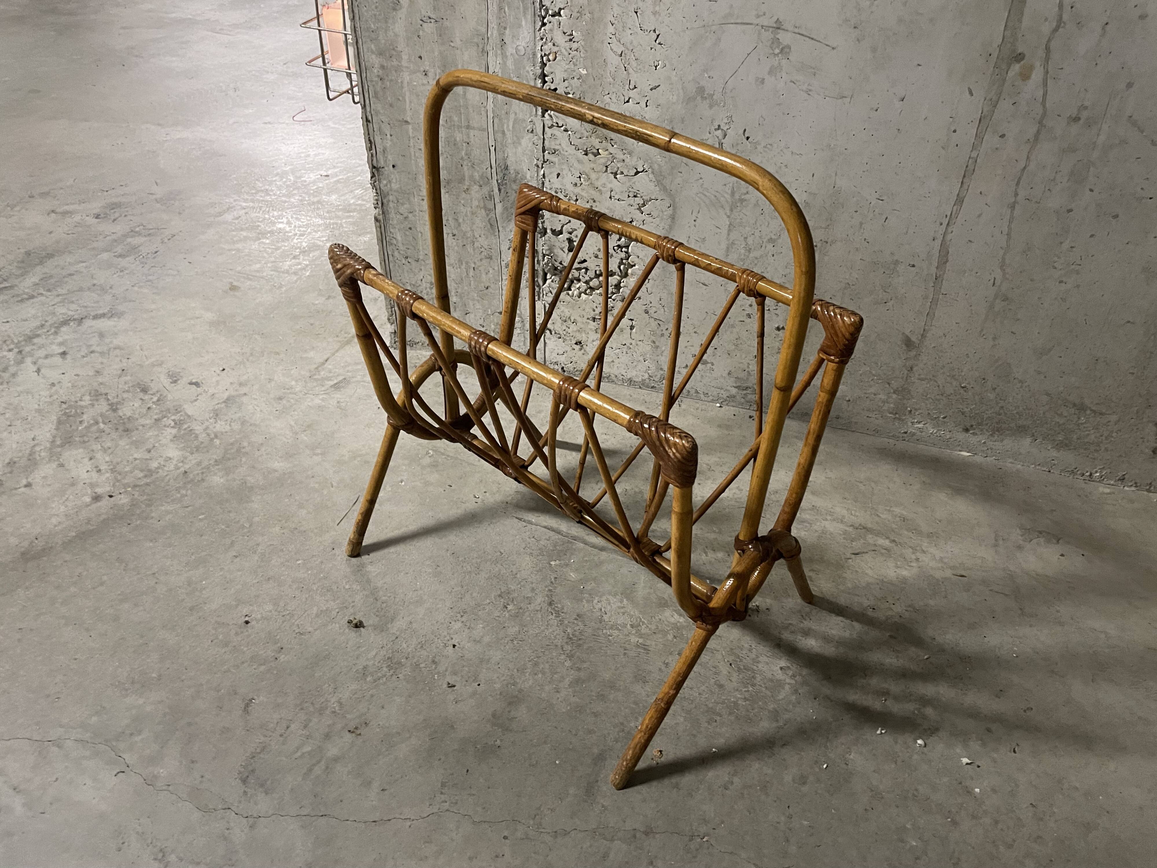 60s rattan magazine rack