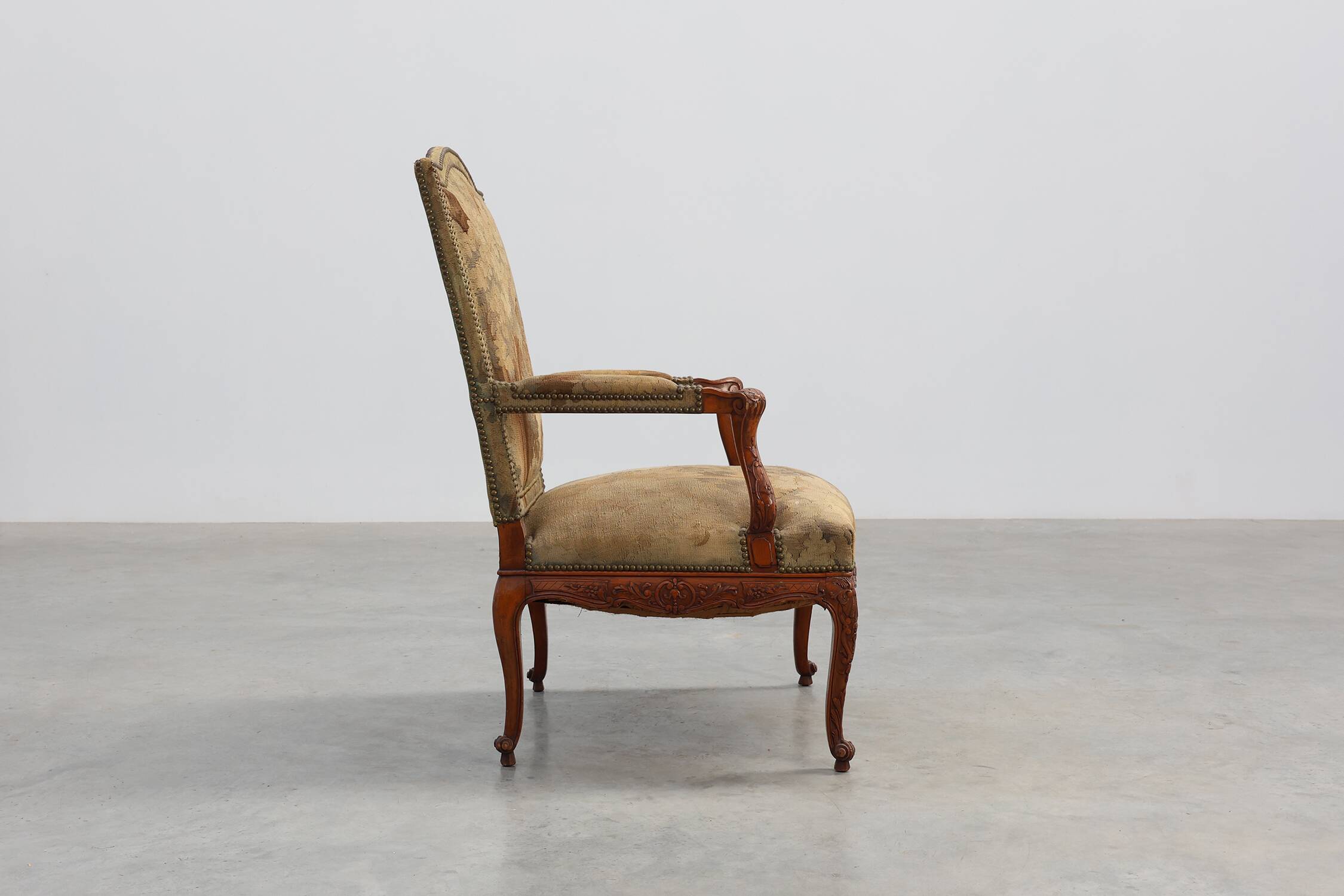 Louis XV Style Carved Walnut Armchair with Needlepoint Upholstery, France