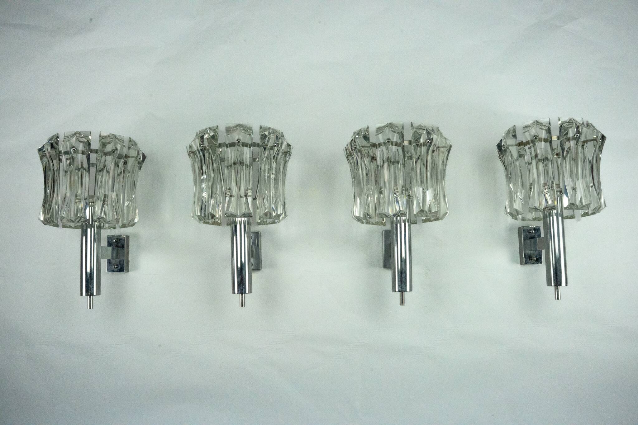 Set of four large Murano glass elements and chromed brass sconces, Italy 60
