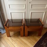 Pair of vintage bedside tables in wood and smoked glass