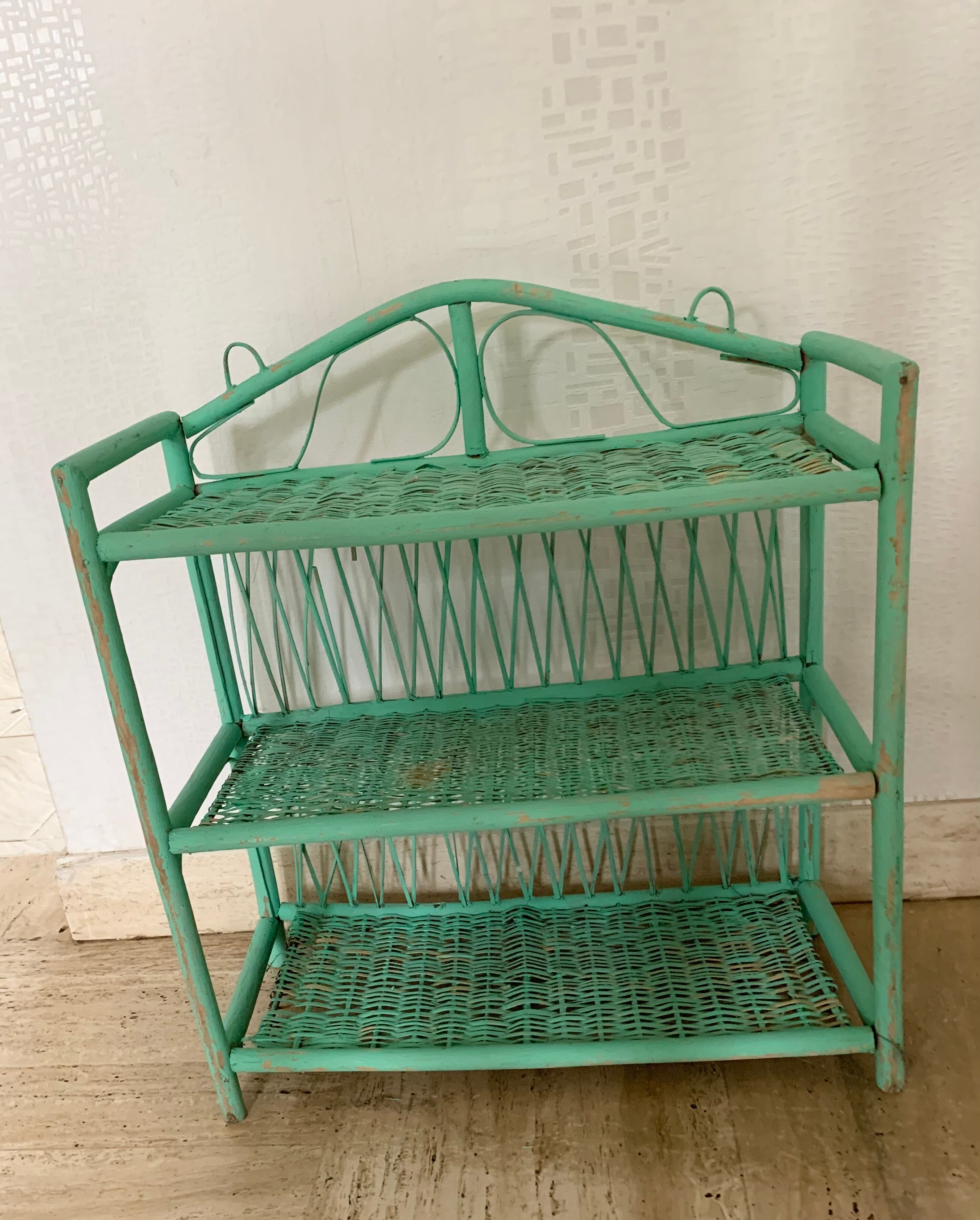 Green painted vintage rattan shelf