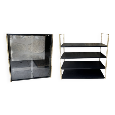 Double étagères string métal doré et plateaux noirs, vintage, années 60