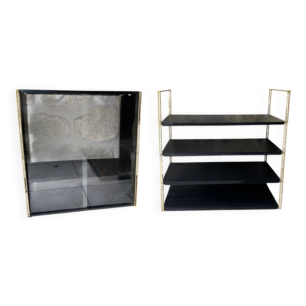 Double étagères string métal doré et plateaux noirs, vintage, années 60