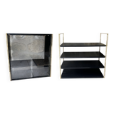 Double gold metal string shelves and black trays, vintage, 60s