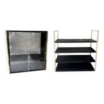 Double gold metal string shelves and black trays, vintage, 60s