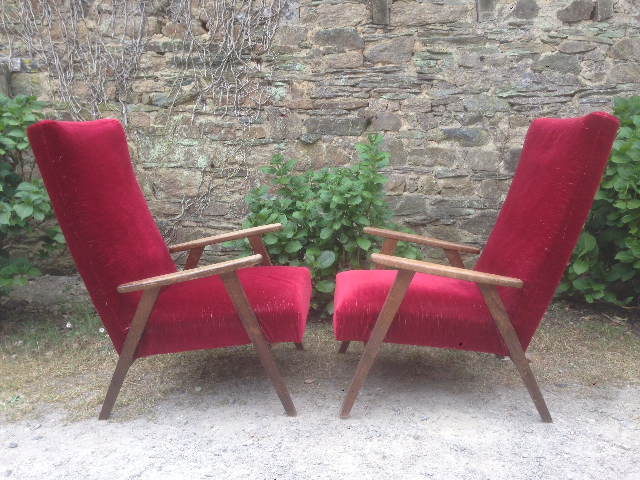 Pair of vintage armchairs with compass legs in beech and velvet.