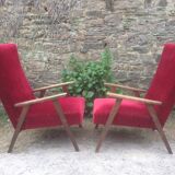 Pair of vintage armchairs with compass legs in beech and velvet.