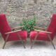 Paire de fauteuils vintage pieds compas en hêtre et velours.