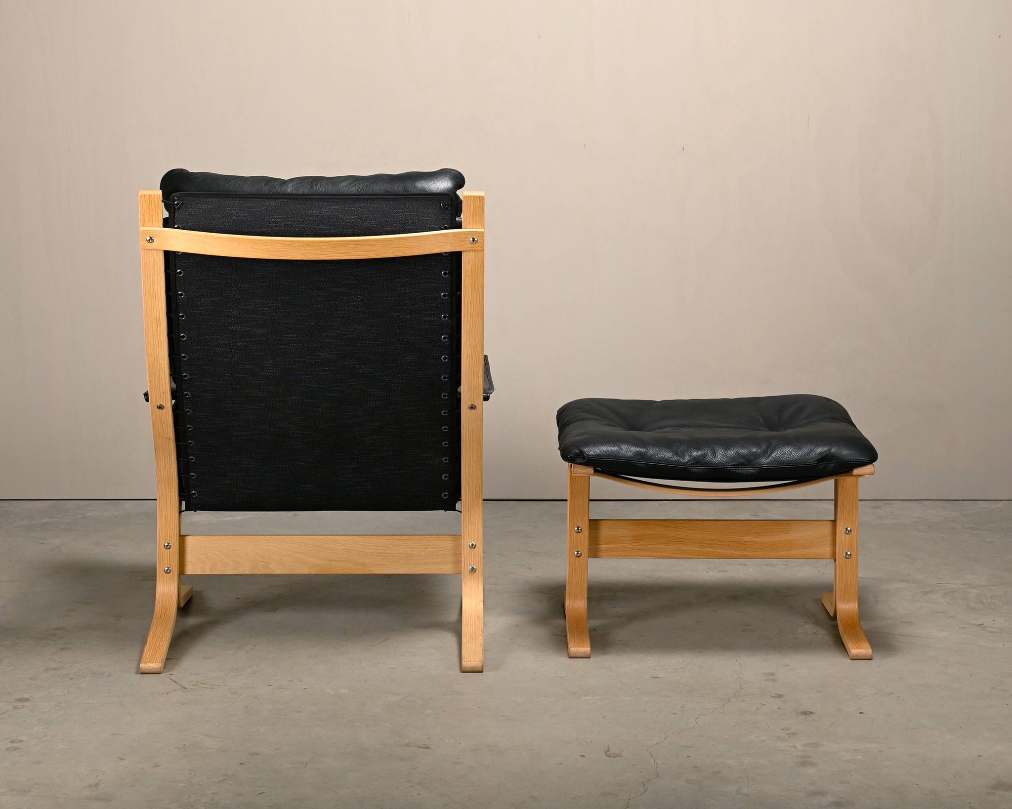 Ingmar Relling Siesta Lounge Chair and Ottoman in naturel Oak and Black Lea