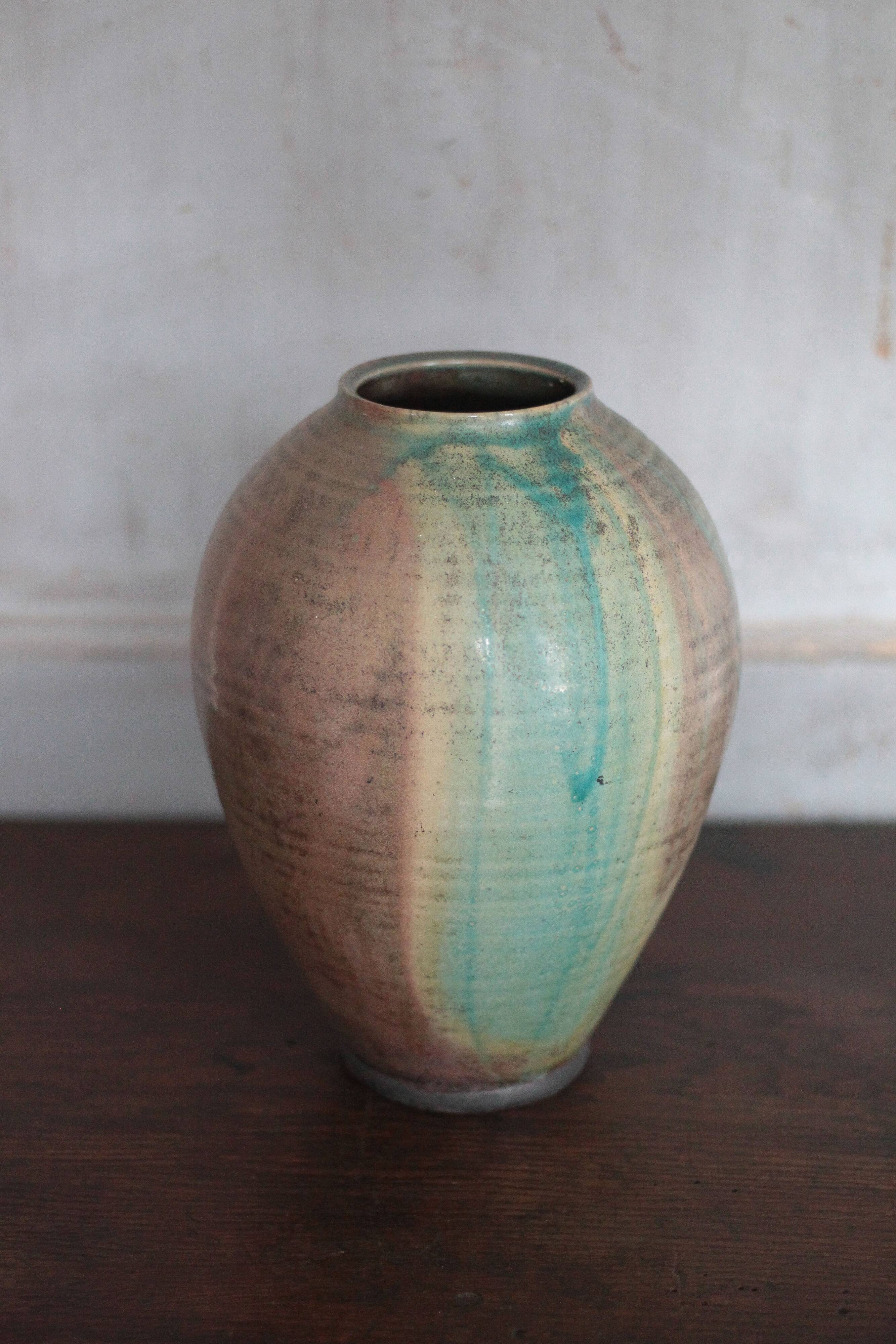 Glazed green ceramic vase signed AB, pottery, flower pot, vase.