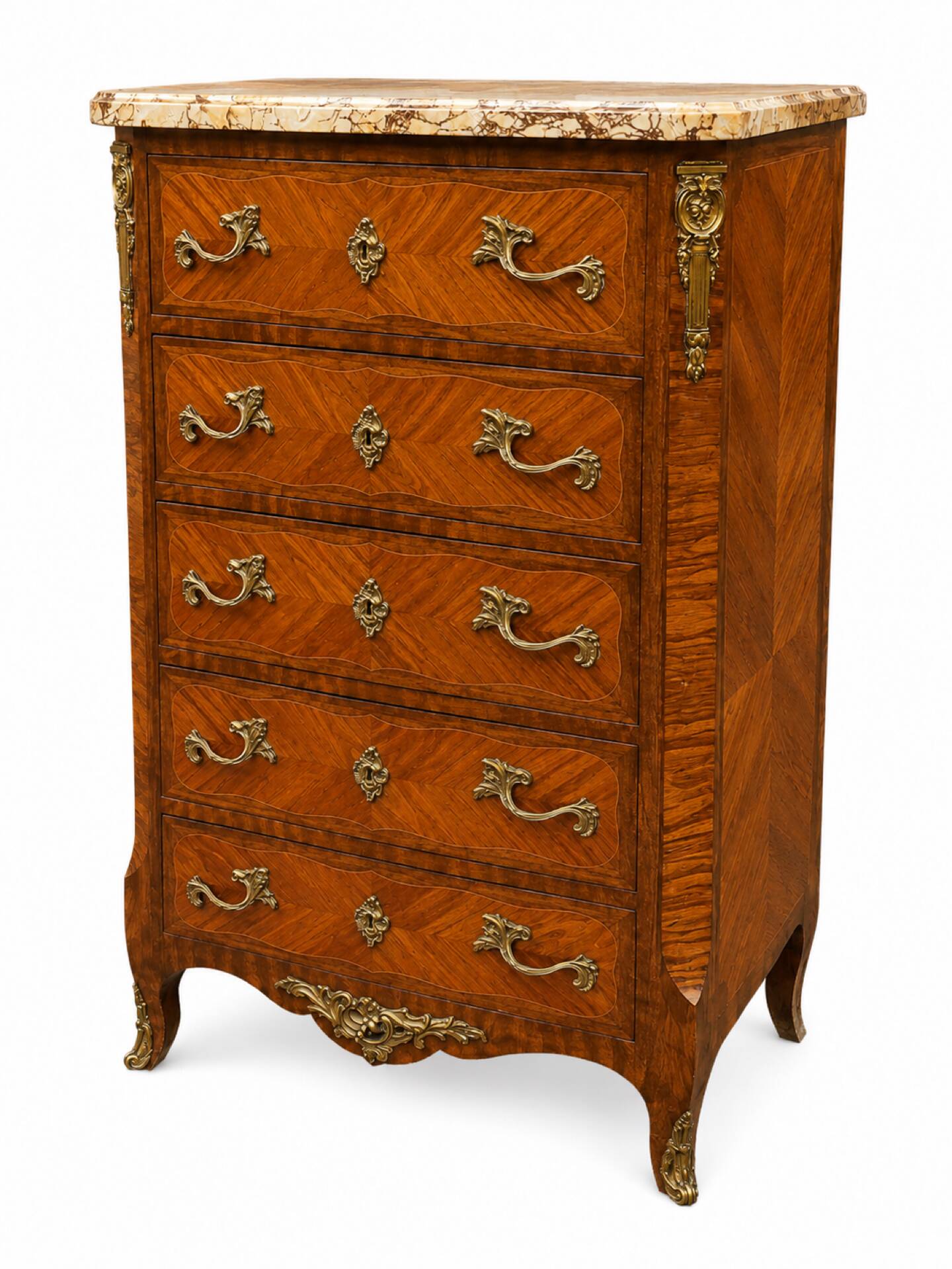 Louis XV style chest of drawers, Rosewood veneer and marquetry.