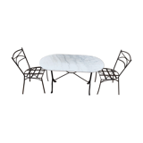 Oval carrara marble table (fixed) and two cast iron chairs