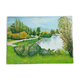Oil on canvas lake in autumn