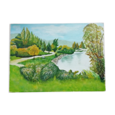 Oil on canvas lake in autumn