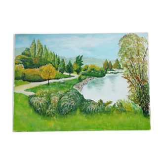 Oil on canvas lake in autumn