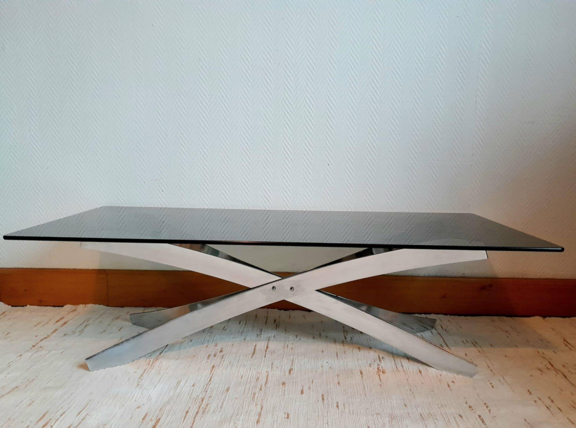 Table basse space age acier et verre fumé