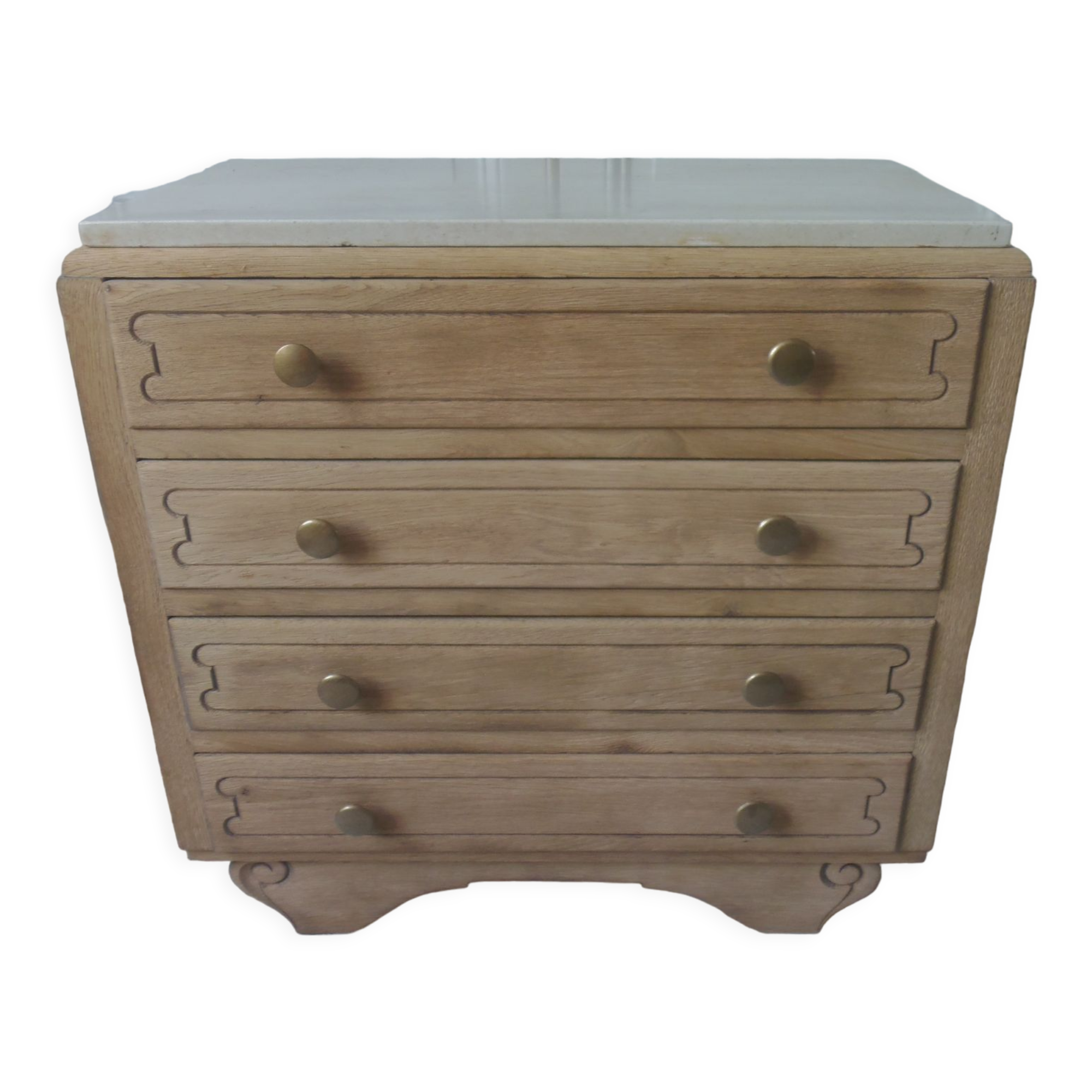 Vintage oak chest of drawers, a travertine plate laid for tray.