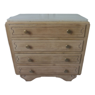 Vintage oak chest of drawers, a travertine plate laid for tray.