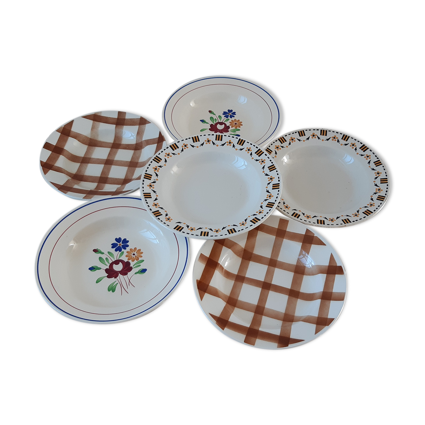 Set of 6 mismatched hollow plates Gien, Luneville and Moulin des Loups