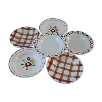 Set of 6 mismatched hollow plates Gien, Luneville and Moulin des Loups