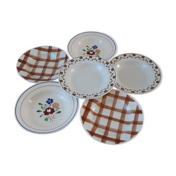 Set of 6 mismatched hollow plates Gien, Luneville and Moulin des Loups