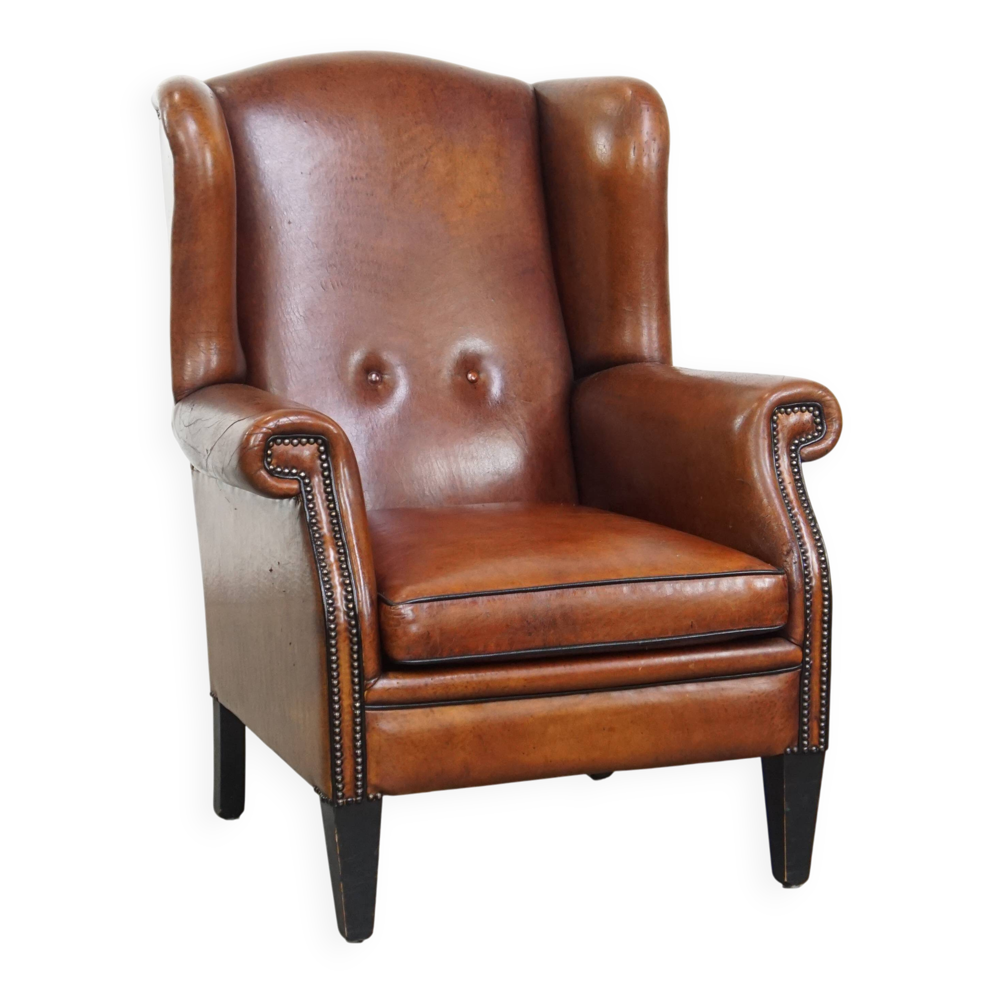 Large Vintage Sheepskin Leather Wingback Chair