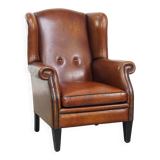 Large Vintage Sheepskin Leather Wingback Chair