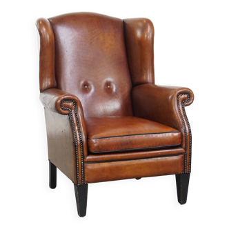 Large Vintage Sheepskin Leather Wingback Chair