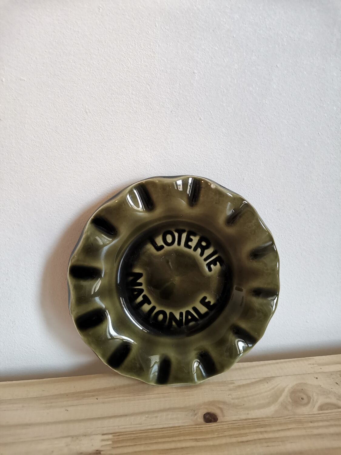 Ashtray national lottery ceramic sandstone green khaki signed st clement