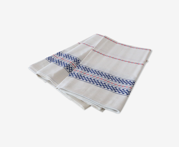 Set de 3 torchons en métis blanc et bleu,neufs et vintage