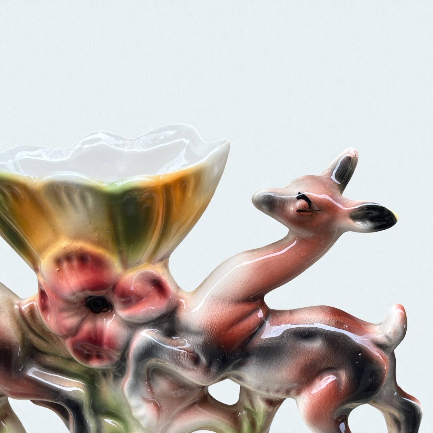 Vintage Italian polychrome ceramic vase with animal motif, deer, and flower (ICAP)