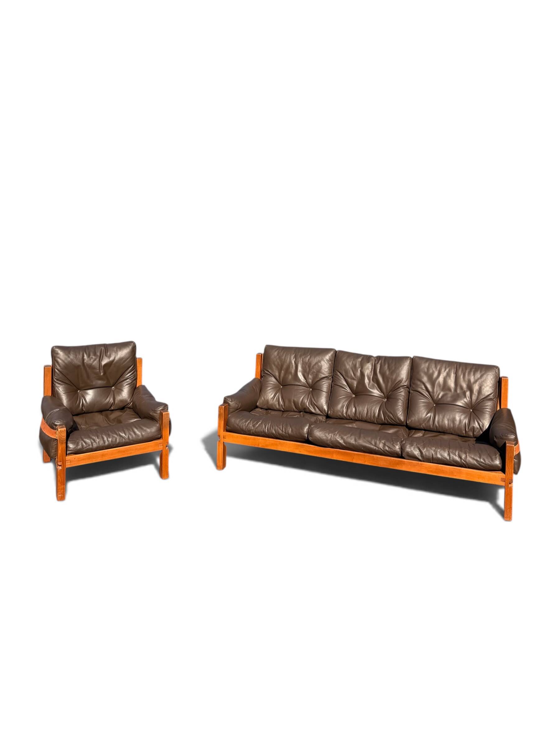 Ensemble Salon Pierre Chapo - Canapé S32 & Fauteuil S15 - Orme & Cuir Brun