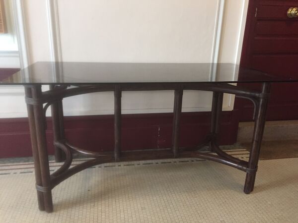 Table bambou plateau verre fumé